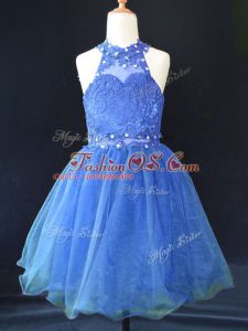 Dramatic Blue Sleeveless Mini Length Beading and Lace Lace Up Pageant Dress for Teens