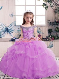 Sweet Off The Shoulder Sleeveless Tulle Little Girl Pageant Gowns Beading Lace Up