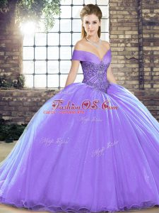 Fantastic Beading Quinceanera Gown Lavender Lace Up Sleeveless Brush Train