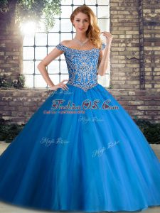 Suitable Sleeveless Brush Train Lace Up Beading Ball Gown Prom Dress