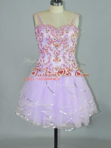 Lavender Lace Up Spaghetti Straps Beading and Ruffles Evening Dress Tulle Sleeveless