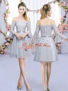 Vintage Grey Empire Off The Shoulder 3 4 Length Sleeve Tulle Mini Length Lace Up Lace and Belt Court Dresses for Sweet 16