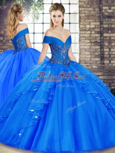 Exquisite Royal Blue Sweet 16 Quinceanera Dress Military Ball and Sweet 16 and Quinceanera with Beading and Ruffles Off The Shoulder Sleeveless Lace Up