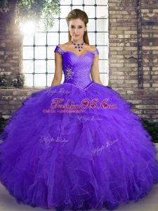 Exquisite Purple Sleeveless Tulle Lace Up 15th Birthday Dress for Military Ball and Sweet 16 and Quinceanera
