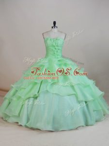 Apple Green Lace Up Quinceanera Gown Ruffled Layers and Ruching and Hand Made Flower Sleeveless Floor Length