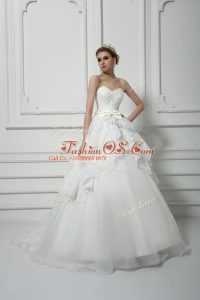 White Ball Gowns Organza Sweetheart Sleeveless Beading and Lace and Bowknot Lace Up Wedding Dress Brush Train