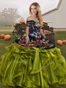 Ball Gowns Sweet 16 Dresses Olive Green Off The Shoulder Organza Sleeveless Floor Length Lace Up