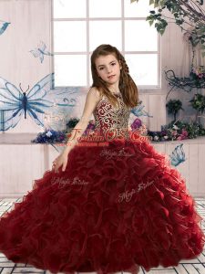 Floor Length Wine Red Little Girl Pageant Gowns Organza Sleeveless Beading and Ruffles
