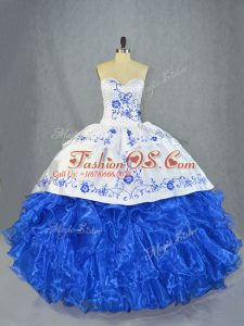 Sophisticated Blue And White Sweetheart Neckline Beading and Embroidery and Ruffles 15 Quinceanera Dress Sleeveless Lace Up