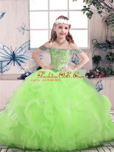 Off The Shoulder Sleeveless Pageant Gowns For Girls Floor Length Beading and Ruffles Tulle