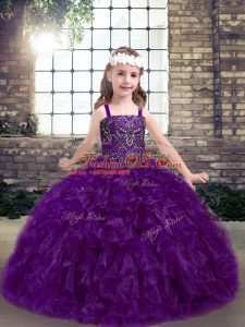 Lovely Eggplant Purple Lace Up Girls Pageant Dresses Beading and Ruffles Sleeveless Floor Length