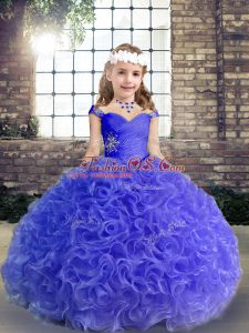 Purple Fabric With Rolling Flowers Lace Up Straps Sleeveless Floor Length Little Girls Pageant Dress Wholesale Beading and Ruching