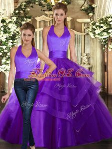 Strapless Sleeveless Lace Up Sweet 16 Dresses Purple Tulle