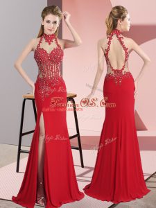 Sumptuous Red Halter Top Sleeveless Chiffon Floor Length Backless Lace and Appliques