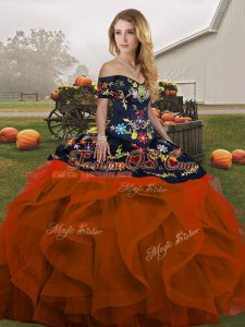Artistic Off The Shoulder Sleeveless Tulle Sweet 16 Dress Embroidery and Ruffles Lace Up