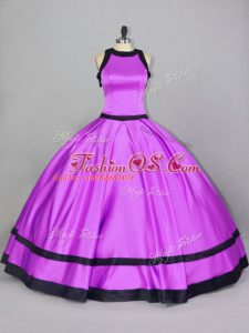 Lilac Ball Gowns Satin Scoop Sleeveless Ruching Floor Length Zipper Quince Ball Gowns