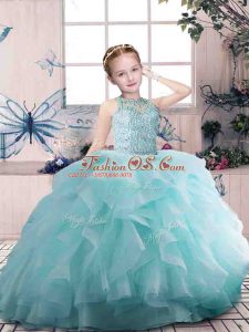 Sleeveless Floor Length Beading and Ruffles Zipper Little Girls Pageant Dress Wholesale with Aqua Blue