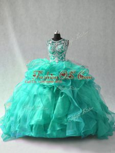 New Arrival Ball Gowns Quinceanera Gown Turquoise Scoop Organza Sleeveless Floor Length Lace Up
