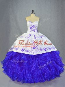 Blue And White Halter Top Lace Up Beading and Embroidery and Ruffles Sweet 16 Quinceanera Dress Brush Train Sleeveless