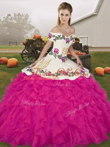 Floor Length Lace Up Quinceanera Dress Fuchsia for Military Ball and Sweet 16 and Quinceanera with Embroidery and Ruffles