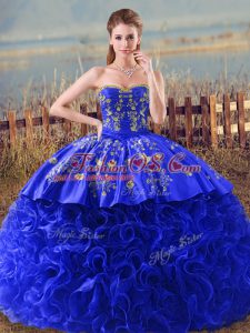 Admirable Embroidery and Ruffles 15th Birthday Dress Royal Blue Lace Up Sleeveless Brush Train