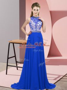Exquisite Blue Mother Of The Bride Dress Halter Top Sleeveless Brush Train Backless