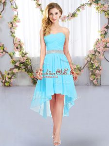 Aqua Blue Sleeveless Belt High Low Wedding Party Dress