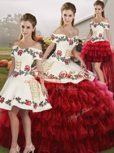 Off The Shoulder Sleeveless Sweet 16 Quinceanera Dress Floor Length Embroidery and Ruffled Layers Wine Red Organza