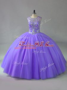 Lavender Ball Gowns Tulle Scoop Sleeveless Beading Lace Up 15th Birthday Dress