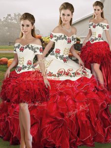 Romantic Organza Off The Shoulder Sleeveless Lace Up Embroidery and Ruffles Sweet 16 Quinceanera Dress in White And Red