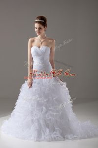 Customized White Lace Up Sweetheart Beading and Ruffles Wedding Dresses Organza Sleeveless Brush Train