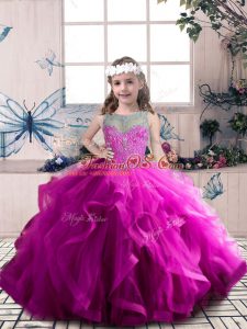 Fuchsia Tulle Lace Up Little Girls Pageant Dress Wholesale Sleeveless Floor Length Beading and Ruffles