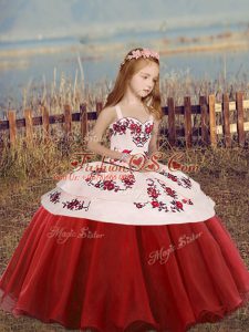 Red Lace Up Straps Embroidery Little Girl Pageant Dress Organza Sleeveless