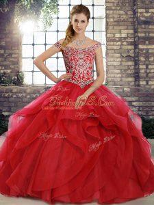 Red Ball Gowns Tulle Off The Shoulder Sleeveless Beading and Ruffles Lace Up Quinceanera Gown Brush Train