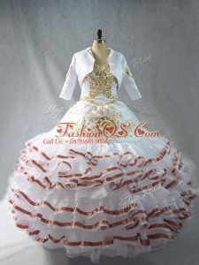 White Ball Gowns Organza Sweetheart Sleeveless Embroidery and Ruffled Layers Floor Length Lace Up 15 Quinceanera Dress