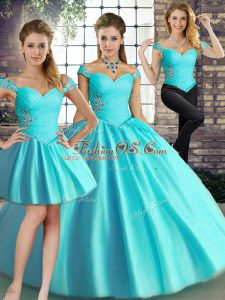 Off The Shoulder Sleeveless Quinceanera Gown Floor Length Beading Aqua Blue Tulle