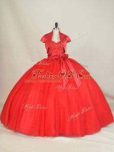 Classical Red Sleeveless Floor Length Beading and Bowknot Lace Up Quinceanera Dresses