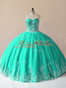 Custom Designed Turquoise Sweetheart Lace Up Embroidery Quinceanera Gown Sleeveless