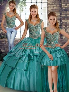 Teal Straps Neckline Beading and Ruffled Layers Quince Ball Gowns Sleeveless Lace Up