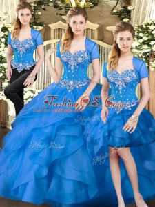 Wonderful Sweetheart Sleeveless Quince Ball Gowns Floor Length Beading and Ruffles Blue Tulle