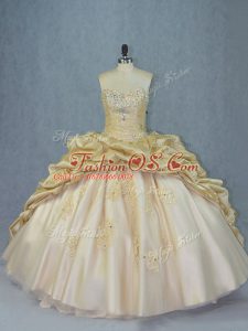 Organza and Taffeta Sweetheart Sleeveless Brush Train Lace Up Beading and Appliques Ball Gown Prom Dress in Champagne