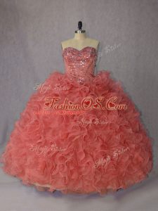 Orange Sleeveless Beading and Ruffles Lace Up Sweet 16 Dresses