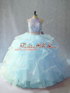 Light Blue Organza Backless Scoop Sleeveless Sweet 16 Quinceanera Dress Brush Train Beading and Ruffles