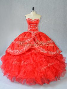 Top Selling Red Side Zipper Ball Gown Prom Dress Embroidery and Ruffles Sleeveless Floor Length