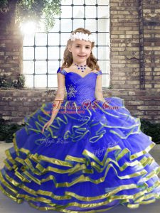Affordable Floor Length Blue High School Pageant Dress Tulle Sleeveless Beading and Ruching