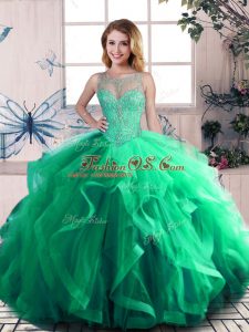 Green Ball Gowns Tulle Scoop Sleeveless Beading and Ruffles Floor Length Lace Up Quinceanera Gown