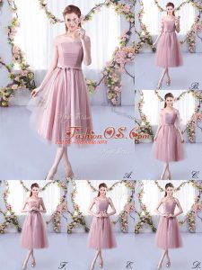 Ideal Pink Sleeveless Belt Tea Length Quinceanera Court of Honor Dress