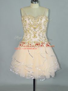 Wonderful Champagne Tulle Lace Up Cocktail Dresses Sleeveless Mini Length Beading and Ruffles