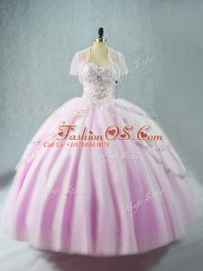 Attractive Lilac Lace Up Sweetheart Beading Quince Ball Gowns Tulle Sleeveless