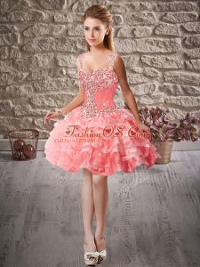 Watermelon Red Straps Neckline Beading and Ruffled Layers Prom Gown Sleeveless Lace Up